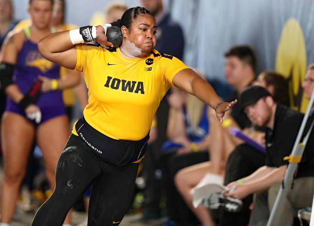 Iowa’s Laulauga Tausaga competes in the women’s shot put event at the Black and Gold Invite at the Recreation Building in Iowa City on Saturday, February 1, 2020. (Stephen Mally/hawkeyesports.com)