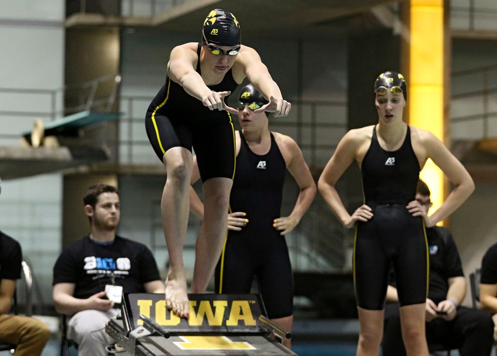 Iowa’s Allyssa Fluit swims the women’s 400 yard freestyle relay event during the 2020 Women’s Big Ten Swimming and Diving Championships at the Campus Recreation and Wellness Center in Iowa City on Saturday, February 22, 2020. (Stephen Mally/hawkeyesports.com)