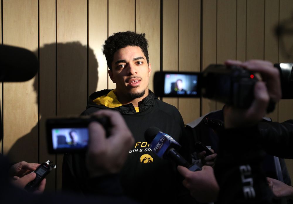 Iowa Hawkeyes defensive back Amani Hooker (27) addresses the media about the Hawkeyes selection to face Mississippi State in the Outback Bowl Sunday, December 2, 2018 at the Hansen Football Performance Center. (Brian Ray/hawkeyesports.com)