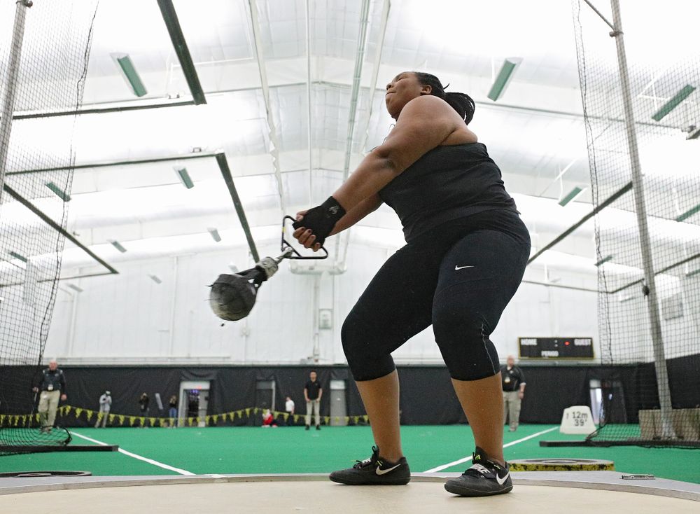 Iowa’s Ianna Roach throws in the women’s weight throw event during the Larry Wieczorek Invitational at the Hawkeye Tennis and Recreation Complex in Iowa City on Friday, January 17, 2020. (Stephen Mally/hawkeyesports.com)