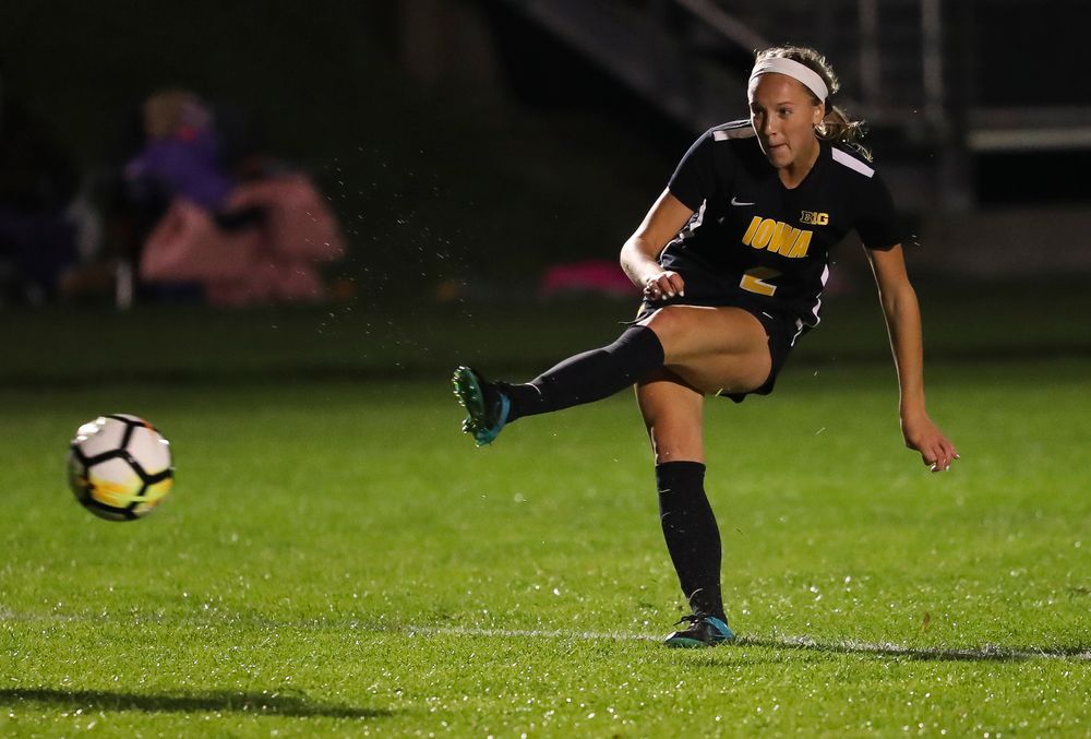 Iowa Hawkeyes midfielder Hailey Rydberg (2) scores a goal during a game against Michigan State at the Iowa Soccer Complex on October 12, 2018. (Tork Mason/hawkeyesports.com)