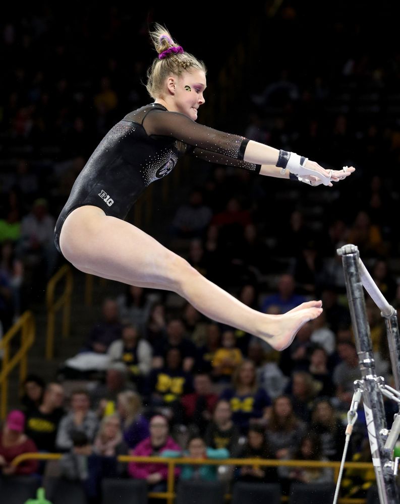 Iowa’s Allyson Steffensmeier competes on the bars against Michigan Friday, February 14, 2020 at Carver-Hawkeye Arena. (Brian Ray/hawkeyesports.com)