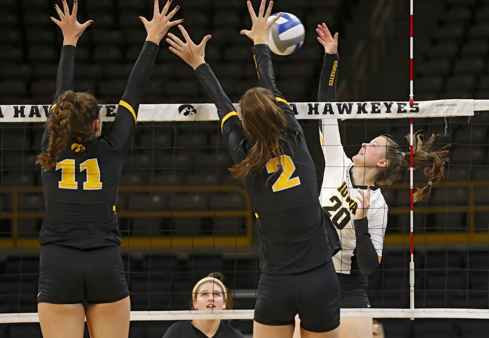 Iowa’s Edina Schmidt (20) during the first set of the Black and Gold scrimmage at Carver-Hawkeye Arena in Iowa City on Saturday, Aug 24, 2019. (Stephen Mally/hawkeyesports.com)