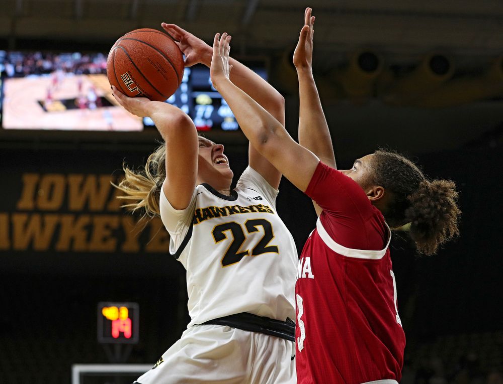 Iowa Hawkeyes guard Kathleen Doyle (22) shoots during the first overtime period of their game at Carver-Hawkeye Arena in Iowa City on Sunday, January 12, 2020. (Stephen Mally/hawkeyesports.com)