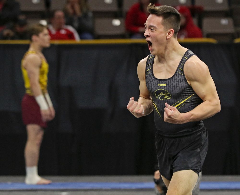 Iowa's Kulani Taylor is pumped up after competing in the floor during the first day of the Big Ten Men's Gymnastics Championships at Carver-Hawkeye Arena in Iowa City on Friday, Apr. 5, 2019. (Stephen Mally/hawkeyesports.com)