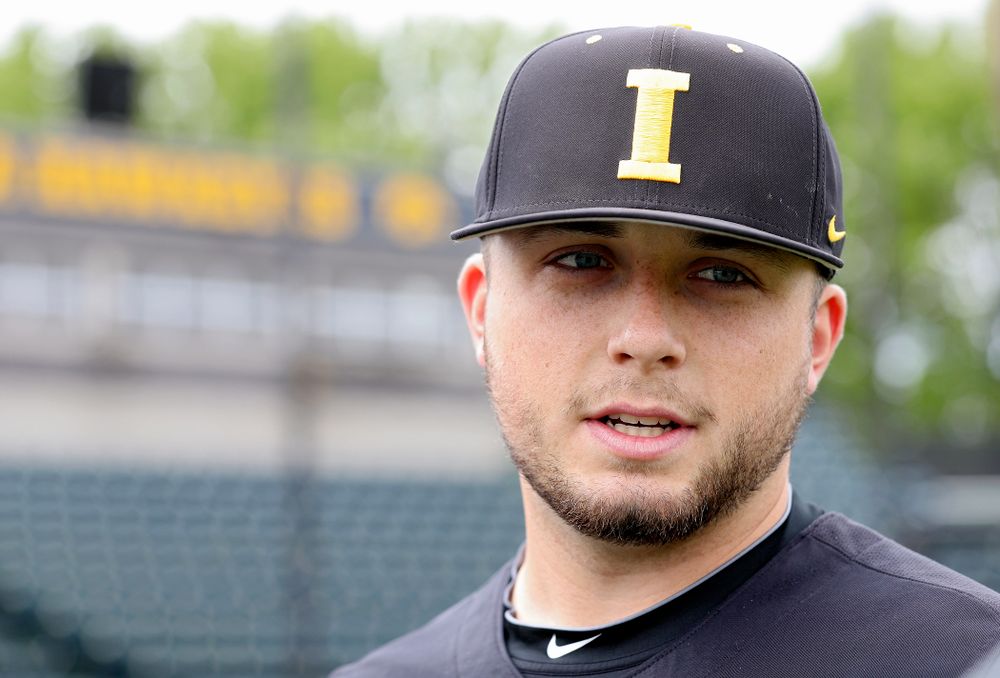 Iowa’s Cole McDonald answers questions from the media at Duane Banks Field in Iowa City on Monday, May 20, 2019. (Stephen Mally/hawkeyesports.com)