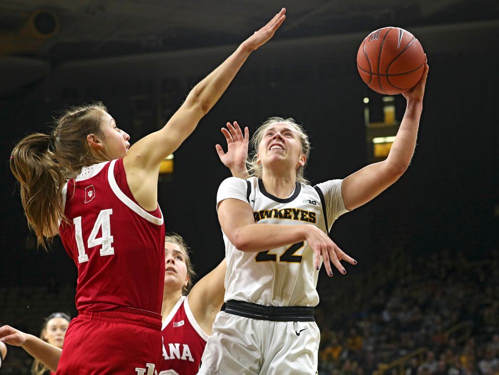 Iowa Hawkeyes guard Kathleen Doyle (22) puts up a shot during the second quarter of their game at Carver-Hawkeye Arena in Iowa City on Sunday, January 12, 2020. (Stephen Mally/hawkeyesports.com)