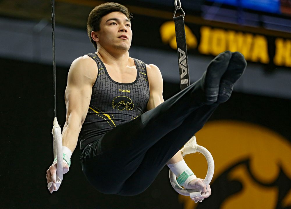 Iowa's Brandon Wong competes in the rings against Ohio State at Caver-Hawkeye Arena in Iowa City on Saturday, Mar. 16, 2019. (Stephen Mally for HawkeyeSports.com)