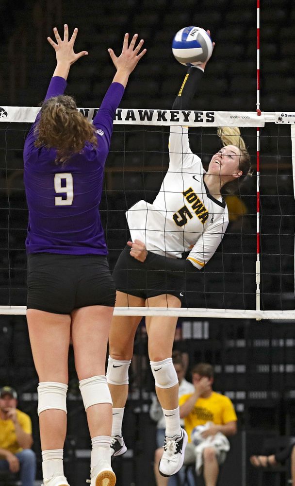 Iowa’s Meghan Buzzerio (5) goes up for a kill during their Big Ten/Pac-12 Challenge match at Carver-Hawkeye Arena in Iowa City on Saturday, Sep 7, 2019. (Stephen Mally/hawkeyesports.com)