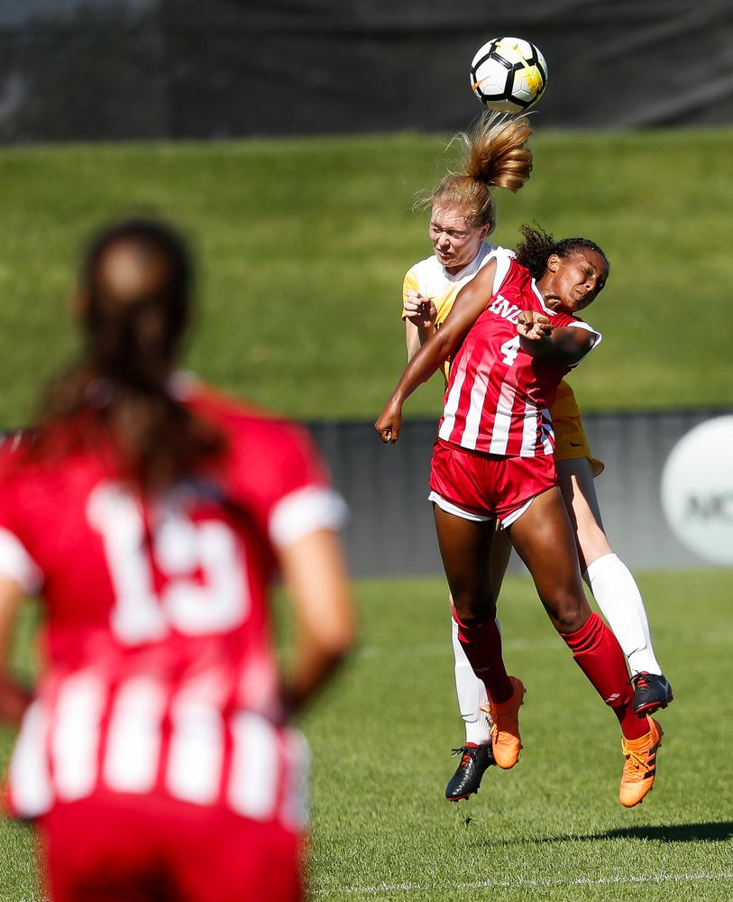 Iowa Hawkeyes defender Morgan Kemerling (3) heads the ball during a game against Indiana at the Iowa Soccer Complex on September 23, 2018. (Tork Mason/hawkeyesports.com)