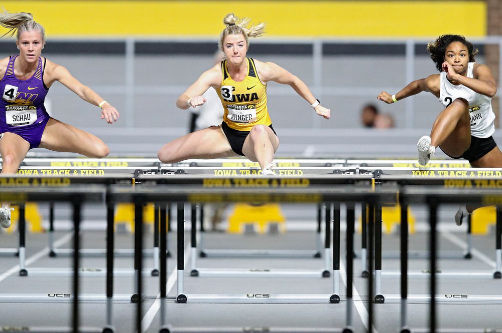 Iowa’s Sydney Winger runs in the women’s 60 meter hurdles prelim event during the Hawkeye Invitational at the Recreation Building in Iowa City on Saturday, January 11, 2020. (Stephen Mally/hawkeyesports.com)