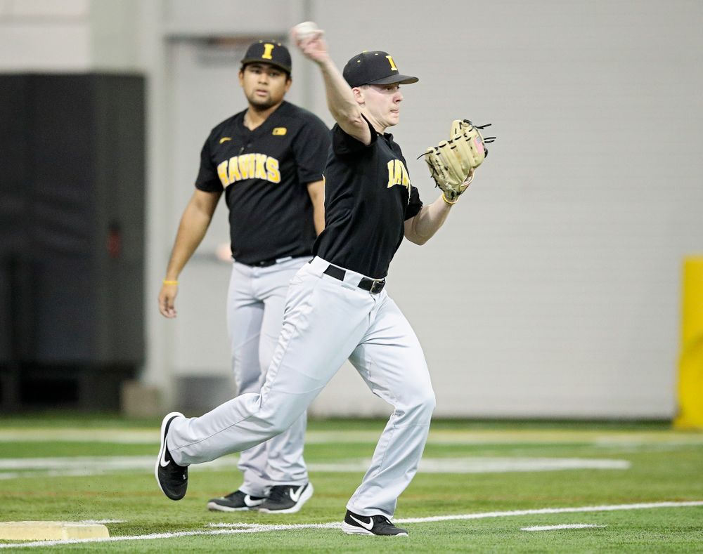 Iowa Hawkeyes utility player Sam Link (3) throws to first base during practice at the Hansen Football Performance Center in Iowa City on Friday, January 24, 2020. (Stephen Mally/hawkeyesports.com)