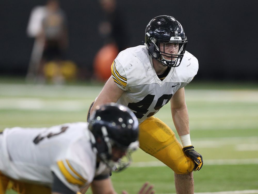 Iowa Hawkeyes linebacker Nick Niemann (49) during Fall Camp Practice No. 6 Thursday, August 8, 2019 at the Ronald D. and Margaret L. Kenyon Football Practice Facility. (Brian Ray/hawkeyesports.com)