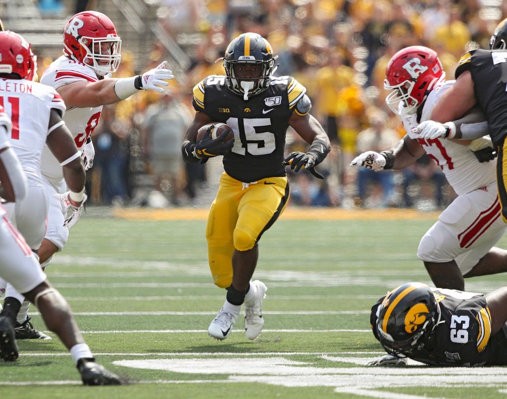 Iowa Hawkeyes running back Tyler Goodson (15) on a run during the fourth quarter of their Big Ten Conference football game at Kinnick Stadium in Iowa City on Saturday, Sep 7, 2019. (Stephen Mally/hawkeyesports.com)