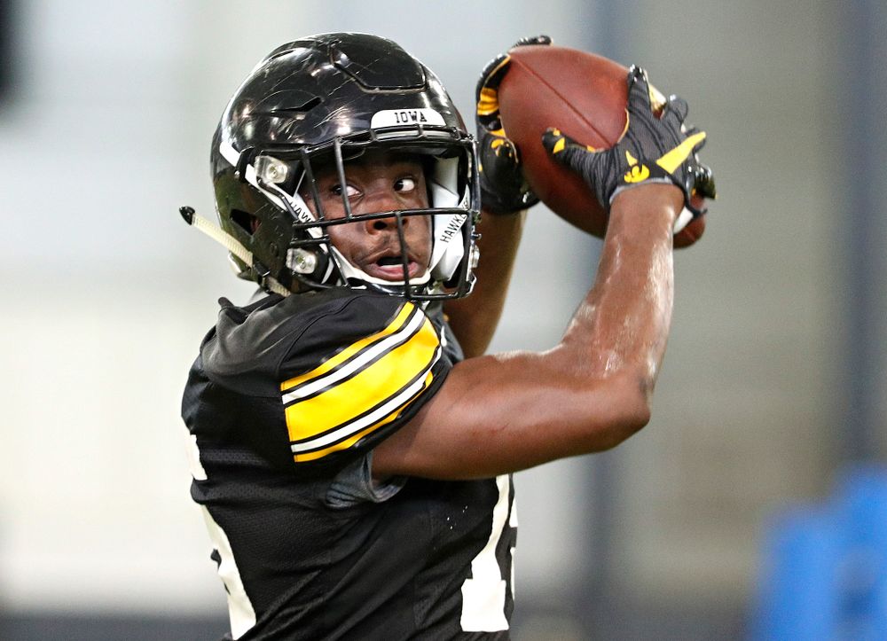 Iowa Hawkeyes running back Tyler Goodson (15) pulls in a pass during Fall Camp Practice No. 6 at the Hansen Football Performance Center in Iowa City on Thursday, Aug 8, 2019. (Stephen Mally/hawkeyesports.com)