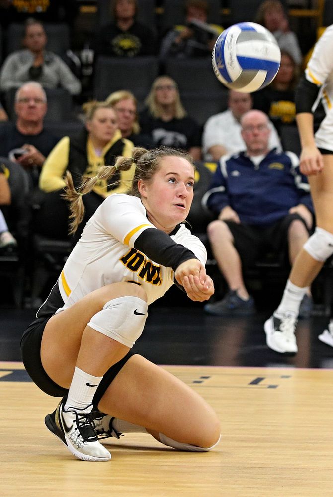 Iowa’s Joslyn Boyer (1) gets a dig during the third set of their volleyball match at Carver-Hawkeye Arena in Iowa City on Sunday, Oct 13, 2019. (Stephen Mally/hawkeyesports.com)