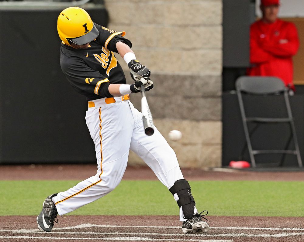 Iowa Hawkeyes left fielder Chris Whelan (28) bats during the third inning of their game against Illinois State at Duane Banks Field in Iowa City on Wednesday, Apr. 3, 2019. (Stephen Mally/hawkeyesports.com)