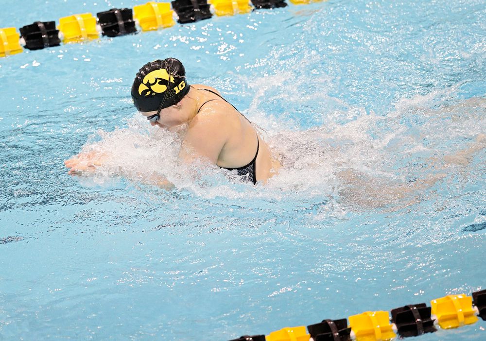 Iowa’s Lauren McDougall swims the women’s 100 yard individual medley event during their meet at the Campus Recreation and Wellness Center in Iowa City on Friday, February 7, 2020. (Stephen Mally/hawkeyesports.com)