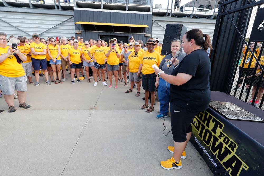 Head Coach Lisa Cellucci speaks during an alumni event following the Iowa Hawkeyes game against Indiana Sunday, September 16, 2018 at Grant Field. (Brian Ray/hawkeyesports.com)