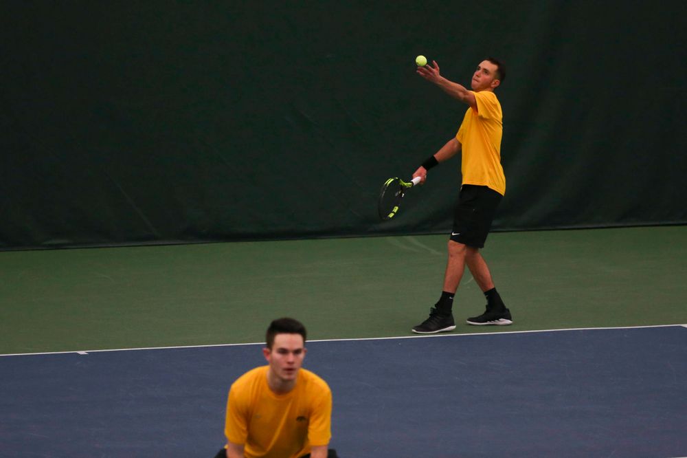 Iowa's Kareem Allaf at a tennis match vs Drake  Friday, March 8, 2019 at the Hawkeye Tennis and Recreation Complex. (Lily Smith/hawkeyesports.com)