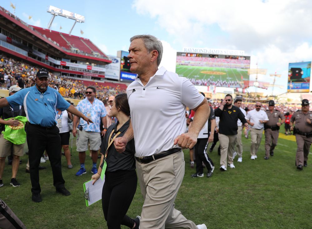 Iowa Hawkeyes head coach Kirk Ferentz during the Outback Bowl Tuesday, January 1, 2019 at Raymond James Stadium in Tampa, FL. (Brian Ray/hawkeyesports.com)