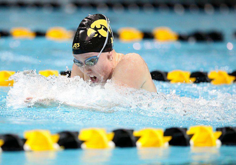 Iowa’s Paige Hanley swims the breaststroke section in the women’s 400 yard medley relay event during their meet at the Campus Recreation and Wellness Center in Iowa City on Friday, February 7, 2020. (Stephen Mally/hawkeyesports.com)