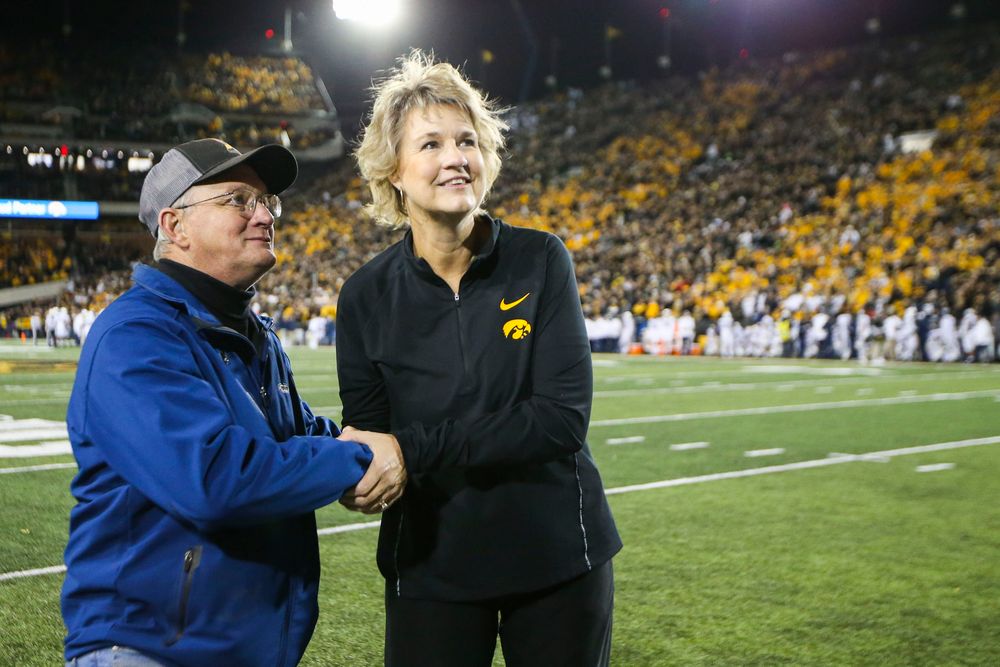 Iowa women’s basketball head coach Lisa Bluder is recognized during Iowa football vs Penn State on Saturday, October 12, 2019 at Kinnick Stadium. (Lily Smith/hawkeyesports.com)