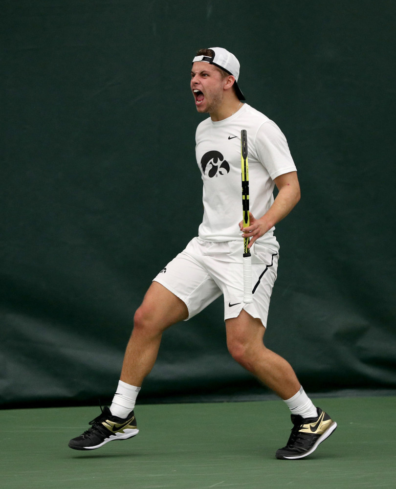 Iowa’s Will Davies against Cornell Sunday, March 8, 2020 at the Hawkeye Tennis and Recreation Center. (Brian Ray/hawkeyesports.com)