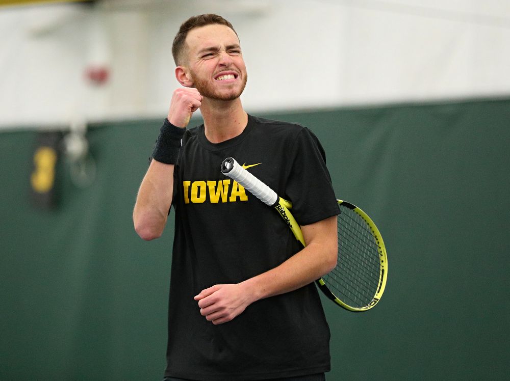 Iowa’s Kareem Allaf celebrates after wining his singles match at the Hawkeye Tennis and Recreation Complex in Iowa City on Friday, February 14, 2020. (Stephen Mally/hawkeyesports.com)