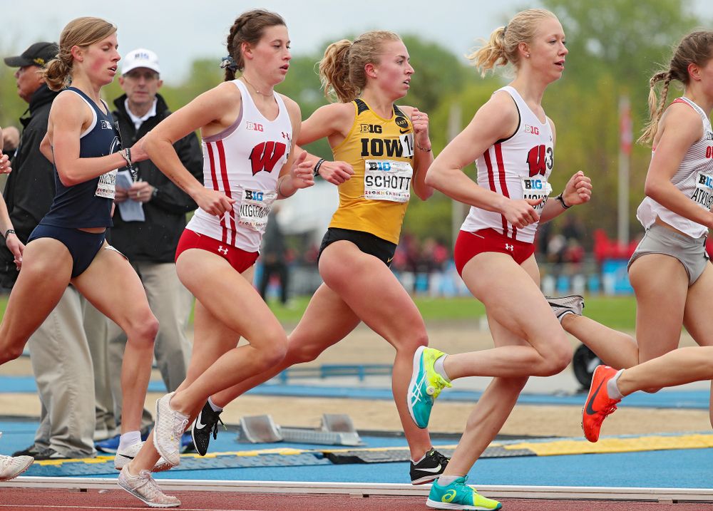 Iowa's Megan Schott runs in the women’s 5000 meter event on the third day of the Big Ten Outdoor Track and Field Championships at Francis X. Cretzmeyer Track in Iowa City on Sunday, May. 12, 2019. (Stephen Mally/hawkeyesports.com)