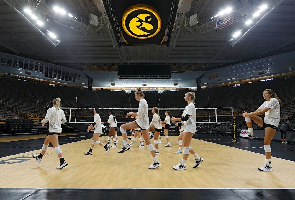 The Iowa Hawkeyes warm up during Iowa Volleyball’s Media Day at Carver-Hawkeye Arena in Iowa City on Friday, Aug 23, 2019. (Stephen Mally/hawkeyesports.com)
