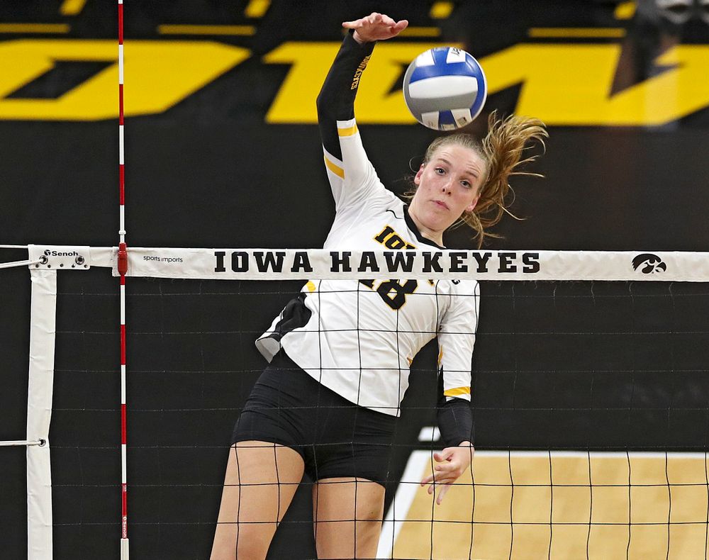 Iowa’s Hannah Clayton (18) goes up for a kill during the second set of their Big Ten/Pac-12 Challenge match against Colorado at Carver-Hawkeye Arena in Iowa City on Friday, Sep 6, 2019. (Stephen Mally/hawkeyesports.com)