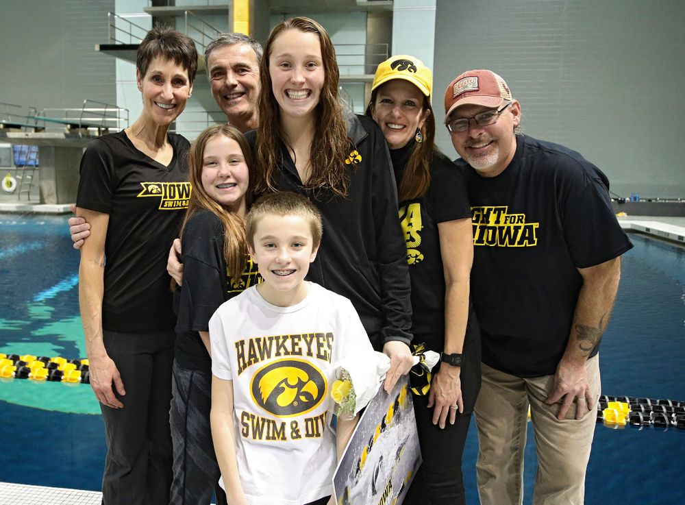 Iowa’s Samantha Sauer is honored on senior day before their meet at the Campus Recreation and Wellness Center in Iowa City on Friday, February 7, 2020. (Stephen Mally/hawkeyesports.com)