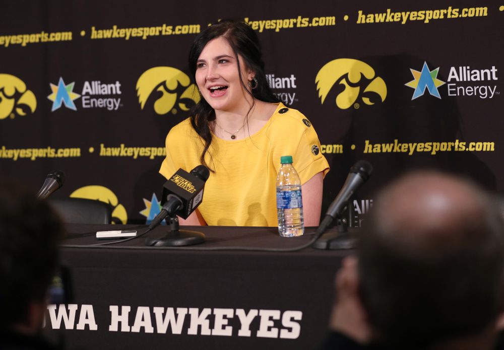 Megan Gustafson talks with reporters following a jersey retirement ceremony Sunday, January 26, 2020 at Carver-Hawkeye Arena. (Brian Ray/hawkeyesports.com)