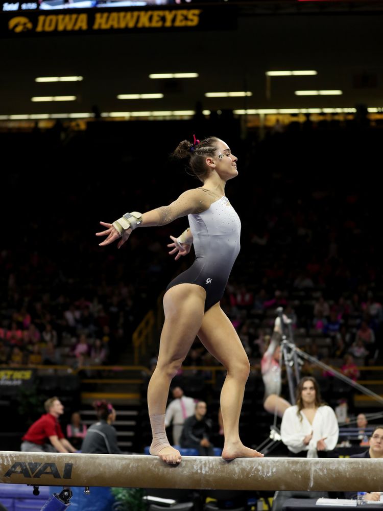 IowaÕs Allie Gilchrist competes on the beam against Ball State and Air Force Saturday, January 11, 2020 at Carver-Hawkeye Arena. (Brian Ray/hawkeyesports.com)