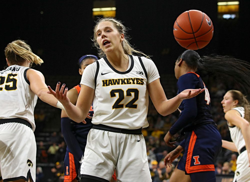 Iowa Hawkeyes guard Kathleen Doyle (22) motions after scoring a basket through contact during the second quarter of their game at Carver-Hawkeye Arena in Iowa City on Tuesday, December 31, 2019. (Stephen Mally/hawkeyesports.com)