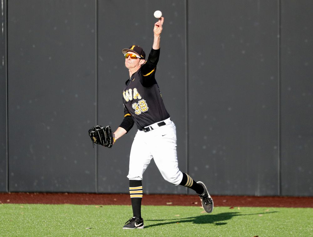 Iowa outfielder Trenton Wallace (38) fields a hit during the fourth inning of the first game of the Black and Gold Fall World Series at Duane Banks Field in Iowa City on Tuesday, Oct 15, 2019. (Stephen Mally/hawkeyesports.com)