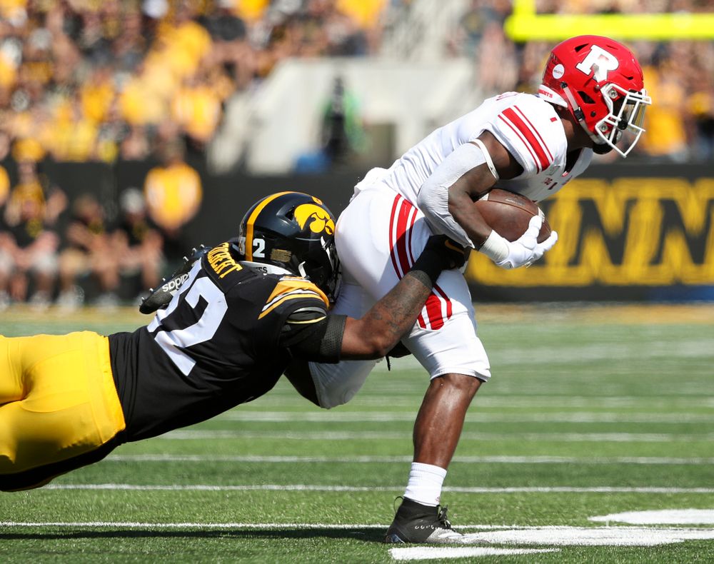 Iowa Hawkeyes linebacker Djimon Colbert (32) makes a tackle during the first quarter of their Big Ten Conference football game at Kinnick Stadium in Iowa City on Saturday, Sep 7, 2019. (Stephen Mally/hawkeyesports.com)