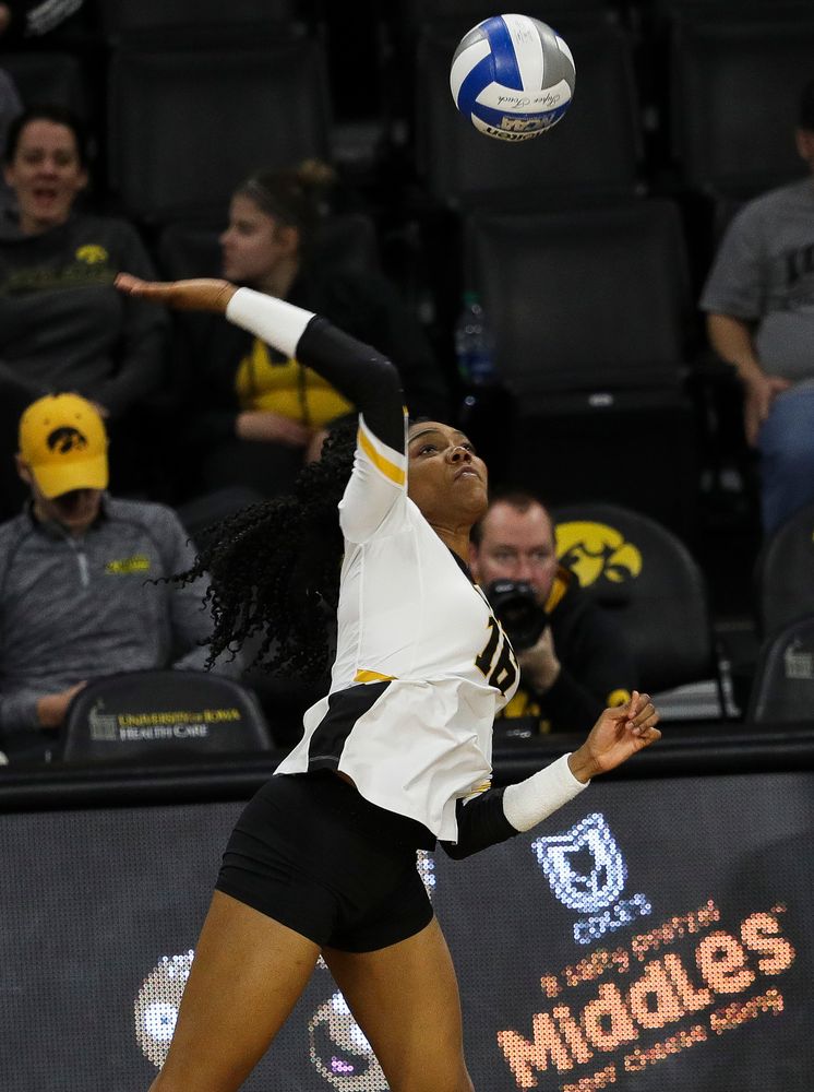 Iowa Hawkeyes outside hitter Taylor Louis (16) spikes the ball during a match against Maryland at Carver-Hawkeye Arena on November 23, 2018. (Tork Mason/hawkeyesports.com)