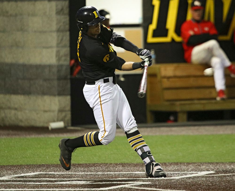 Iowa infielder Matthew Sosa (31) gets a hit during the seventh inning of their game at Duane Banks Field in Iowa City on Tuesday, March 3, 2020. (Stephen Mally/hawkeyesports.com)
