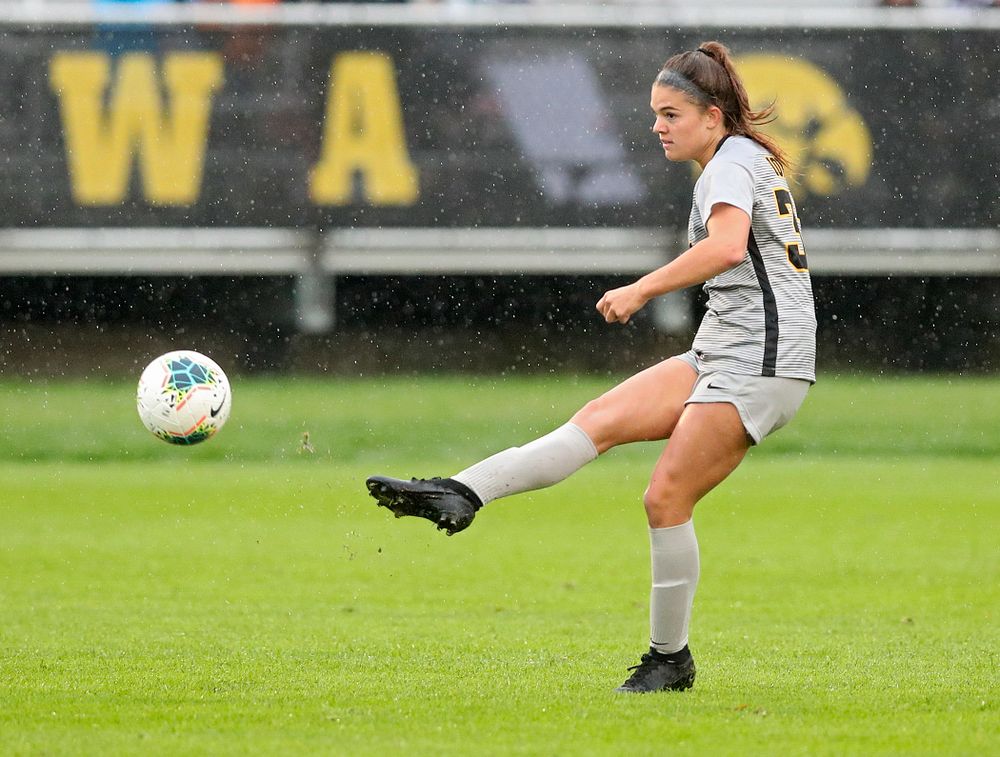 Iowa defender Riley Burns (33) passes the ball during the second half of their match at the Iowa Soccer Complex in Iowa City on Sunday, Sep 29, 2019. (Stephen Mally/hawkeyesports.com)