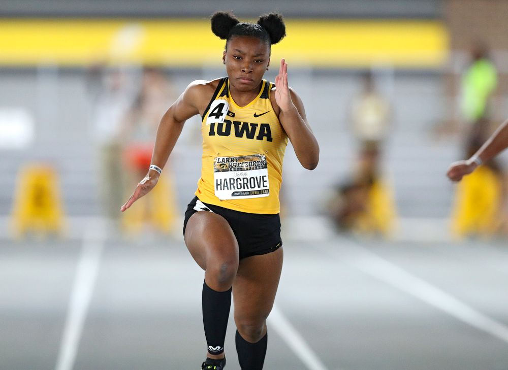 Iowa’s Lasarah Hargrove runs the women’s 60 meter dash premier preliminary event during the Larry Wieczorek Invitational at the Recreation Building in Iowa City on Saturday, January 18, 2020. (Stephen Mally/hawkeyesports.com)