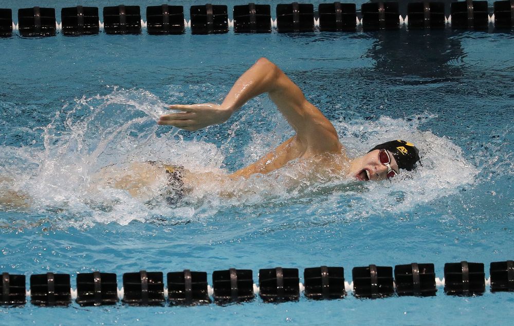 Iowa's Andrew Fierke competes in the 500-yard freestyle during a meet against Michigan and Denver at the Campus Recreation and Wellness Center on November 3, 2018. (Tork Mason/hawkeyesports.com)