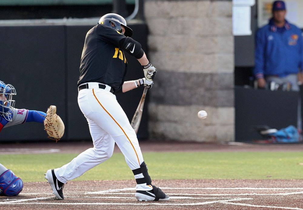 Iowa left fielder Zeb Adreon (5) hits a 2-run single during the fourth inning of their college baseball game at Duane Banks Field in Iowa City on Tuesday, March 10, 2020. (Stephen Mally/hawkeyesports.com)