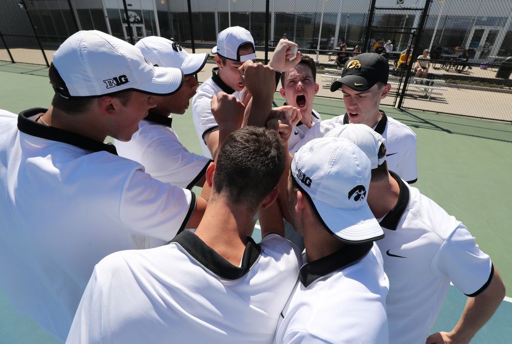IowaÕs Jonas Larsen pumps up his teammates before their game against the Michigan Wolverines Sunday, April 21, 2019 at the Hawkeye Tennis and Recreation Complex. (Brian Ray/hawkeyesports.com)