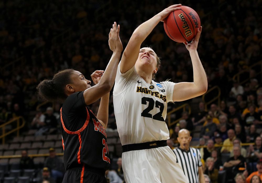Iowa Hawkeyes guard Kathleen Doyle (22) puts up a shot during the first round of the 2019 NCAA Women's Basketball Tournament at Carver Hawkeye Arena in Iowa City on Friday, Mar. 22, 2019. (Stephen Mally for hawkeyesports.com)