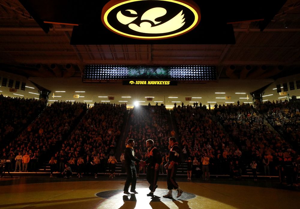 Michael Kemerer is introduced before the Iowa Hawkeyes meet against Oklahoma State’s at pounds Sunday, February 23, 2020 at Carver-Hawkeye Arena. (Brian Ray/hawkeyesports.com)