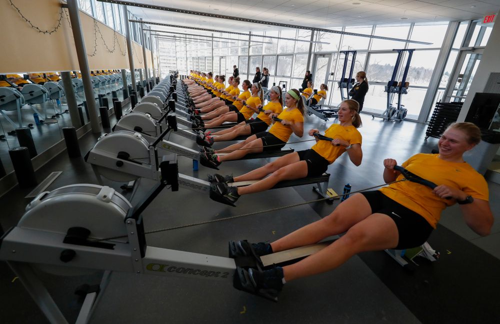 Members of the Iowa Rowing Team workout in the  P. Sue Beckwith, M.D., Boathouse Monday, February 12, 2018 in Iowa City. (Brian Ray/hawkeyesports.com)