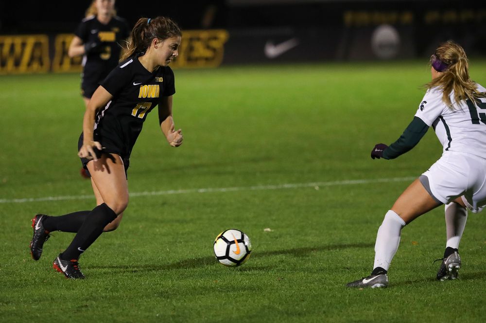 Iowa Hawkeyes defender Hannah Drkulec (17) dribbles the ball during a game against Michigan State at the Iowa Soccer Complex on October 12, 2018. (Tork Mason/hawkeyesports.com)