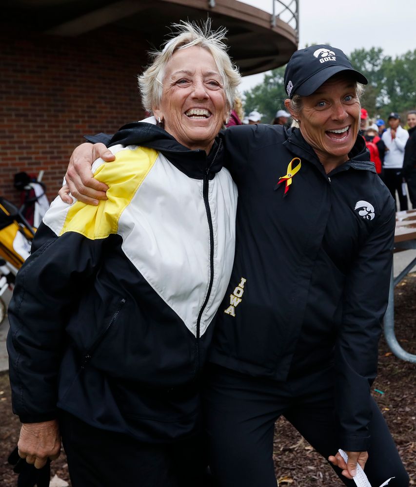 Former Iowa women's golf head coach Diane Thomason poses with current head coach Megan Menzel after the final round of the Diane Thomason Invitational at Finkbine Golf Course on September 30, 2018. (Tork Mason/hawkeyesports.com)